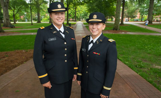 Two female ROTC Cadets in uniform left to right: Lakoda Kissee and Katie Smith